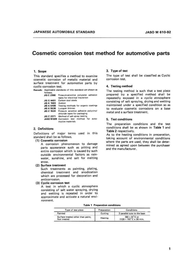 JASO M610-1992 汽车零部件外涂层腐蚀试验方法.pdf_第1页