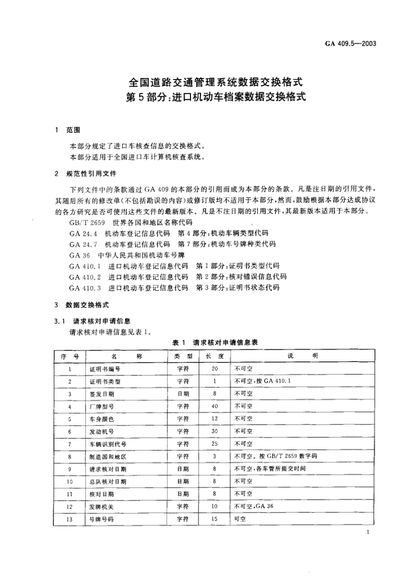 60074全国道路交通管理系统数据交换格式 第5部分进口机动车档案数据交换格式 标准 GA 409.5-2003.pdf_第3页