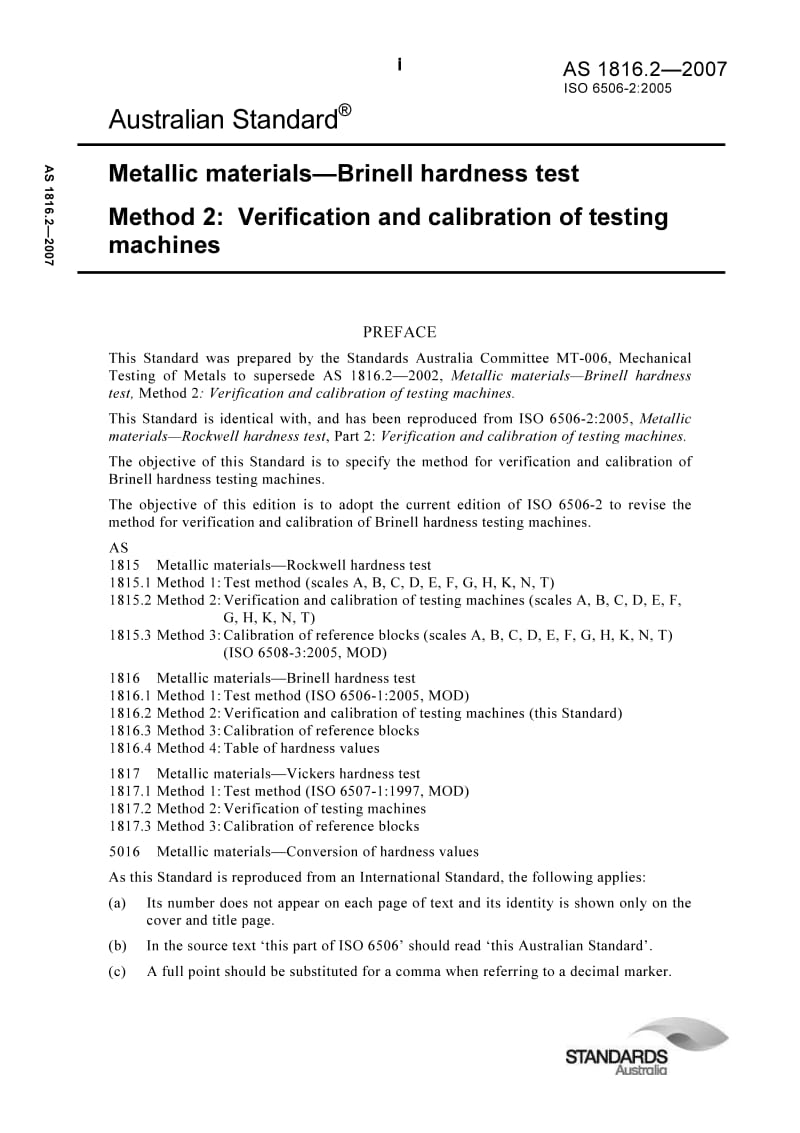 AS 1816.2-2007 Metallic materials—Brinell hardness test Method 2 Verification and calibration of testing machines.pdf_第1页