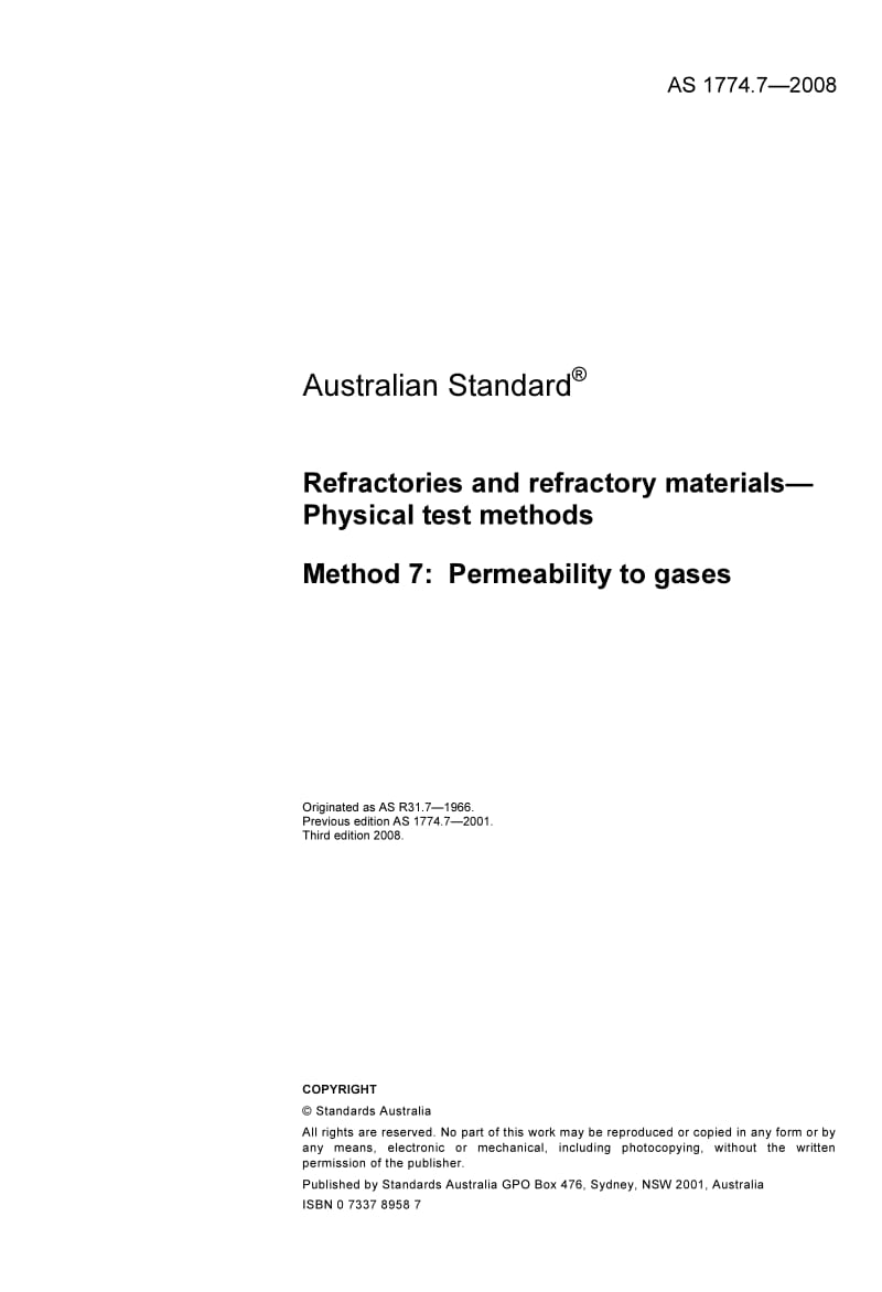 AS 1774-7-2008 Refractories and refractory materials— Physical test methods Method 7 Permeability to gases.pdf_第3页