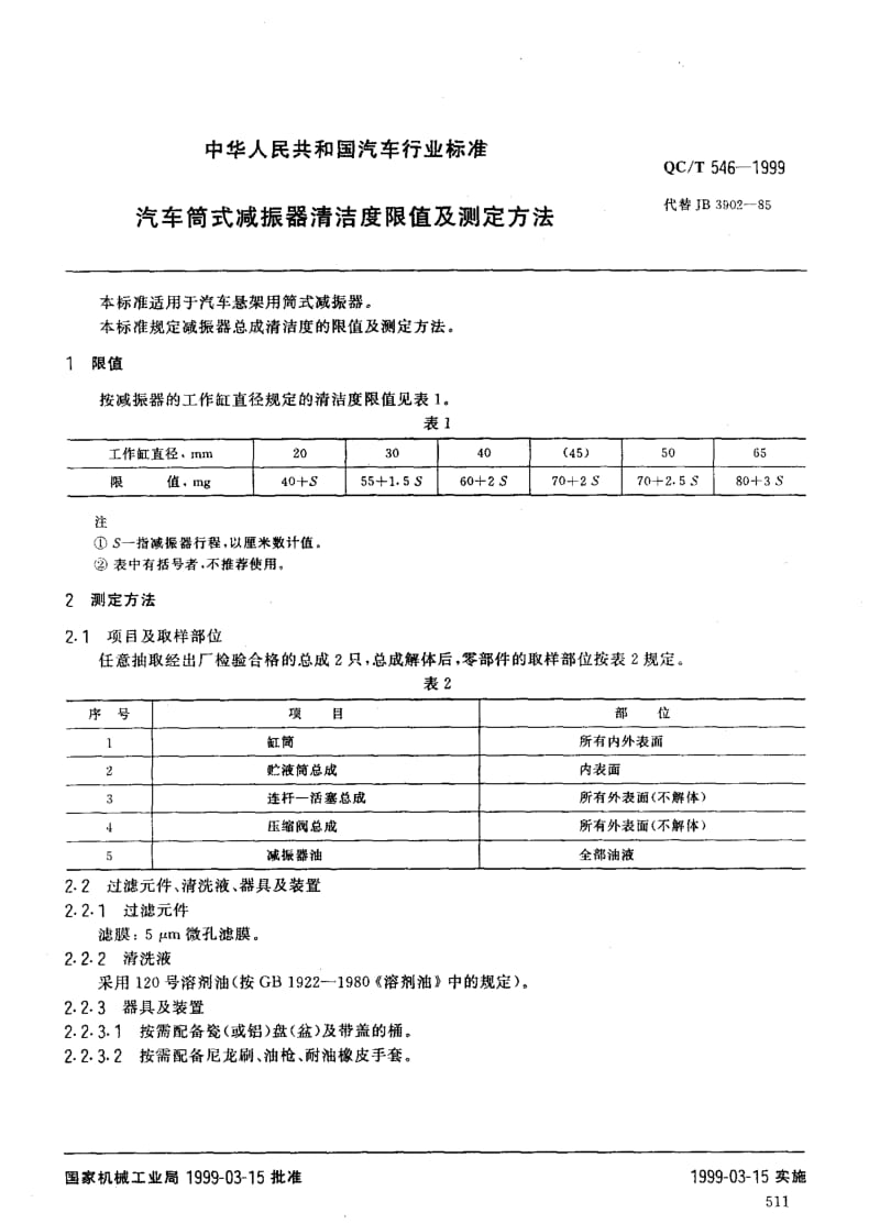 62244汽车筒式减振器清洁度限值及测定方法 标准 QC T 546-1999.pdf_第1页