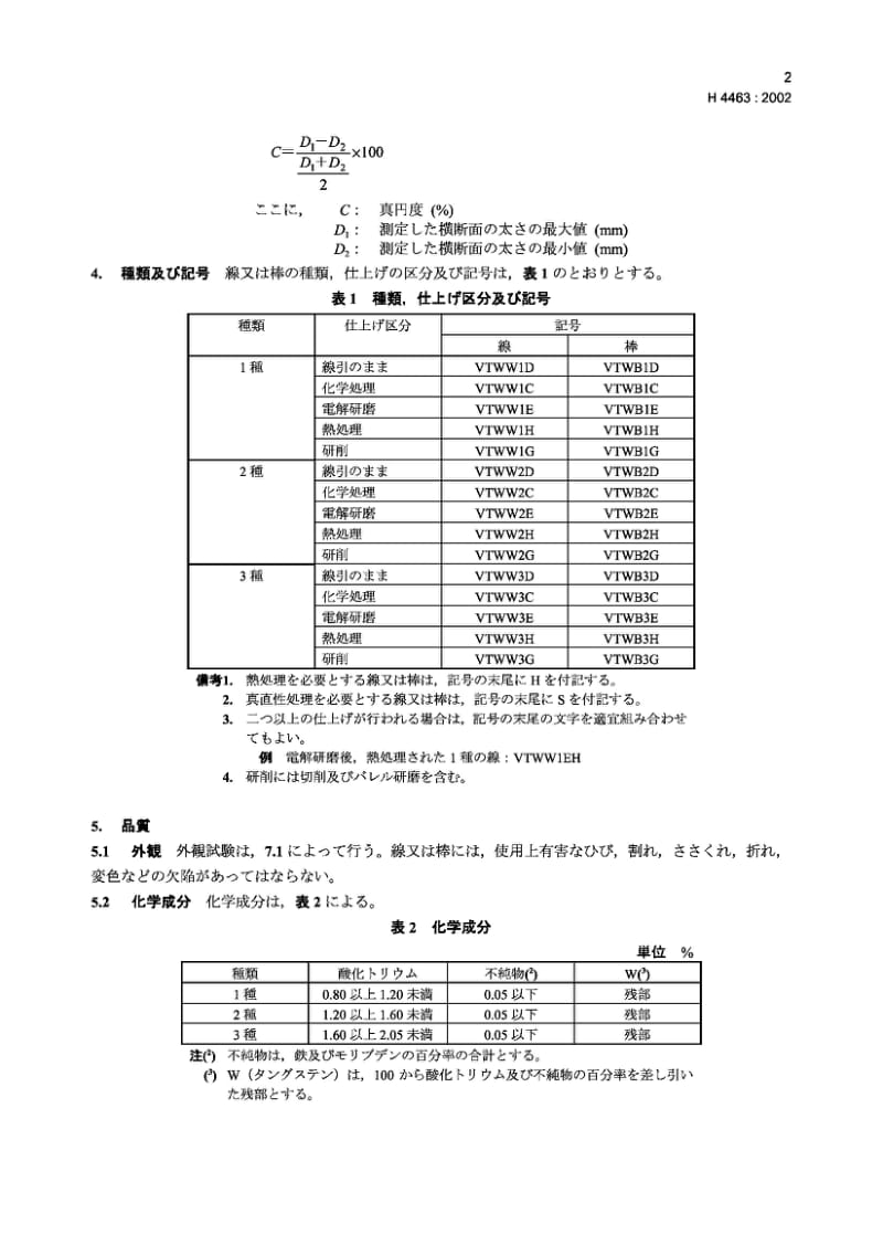 JIS H4463-2002 照明及电子设备用镀钍钨丝、棒.pdf_第3页