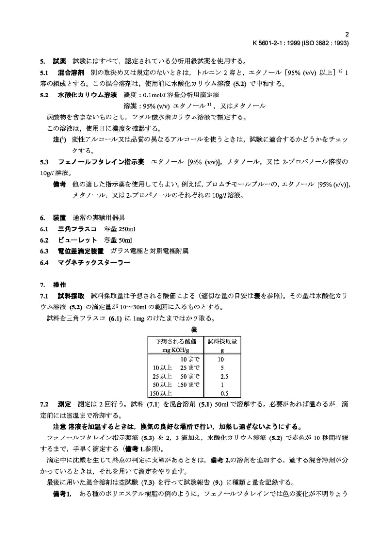 JIS K5601-2-1-1999 涂料成分试验方法－第2部分：溶剂可溶物中的成分分析－第1节：酸价(滴定法).pdf_第3页