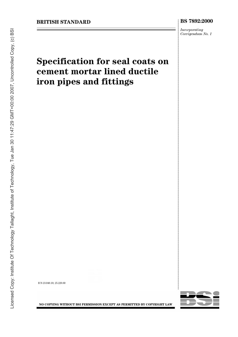 BS 7892-2000 水泥砂浆衬砌的可锻铁管和管件密封涂层规范.pdf_第1页