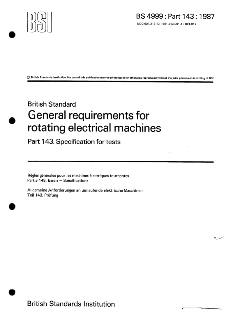 BS 4999-143-1987 General requirements for rotating electrical machines. Specification for tests.pdf_第1页