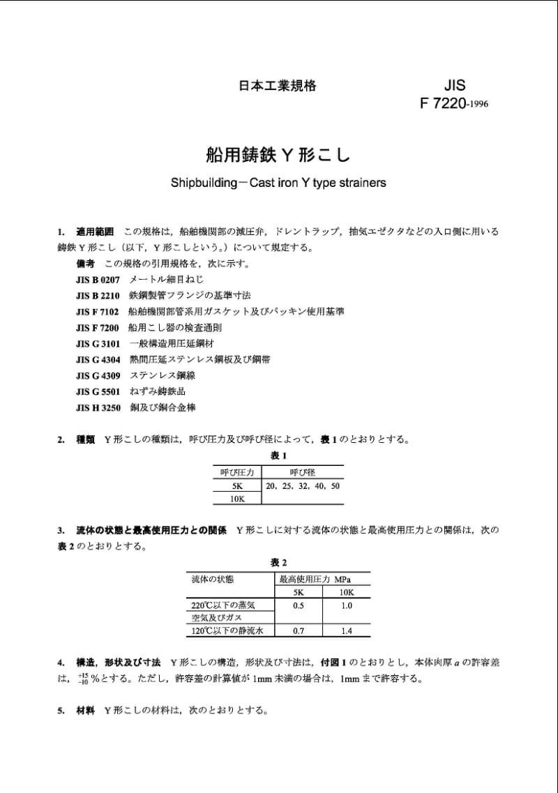 JIS F7220-1996 造船.铸铁Y形过滤器.pdf_第1页