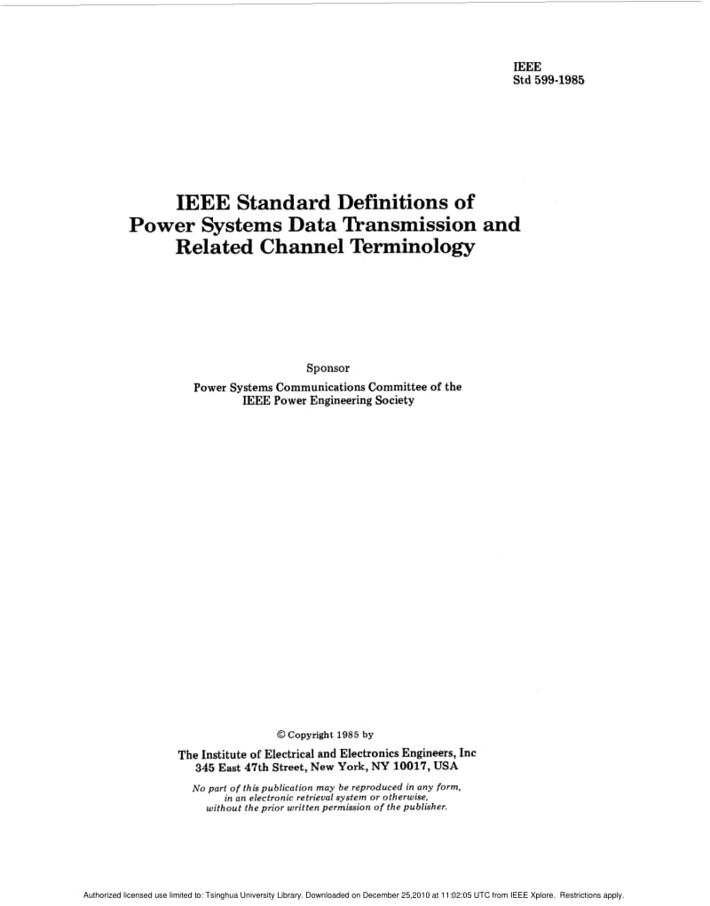 IEEE Std 599-1985 IEEE Standard Definitions of Power Systems Data Transmission and Related Channel Terminology.pdf_第1页