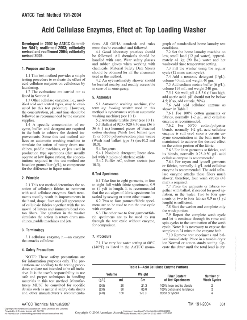 AATCC 191-2004 酸性纤维素酶对纤维素的影响测定：上装式洗衣机法.pdf_第1页