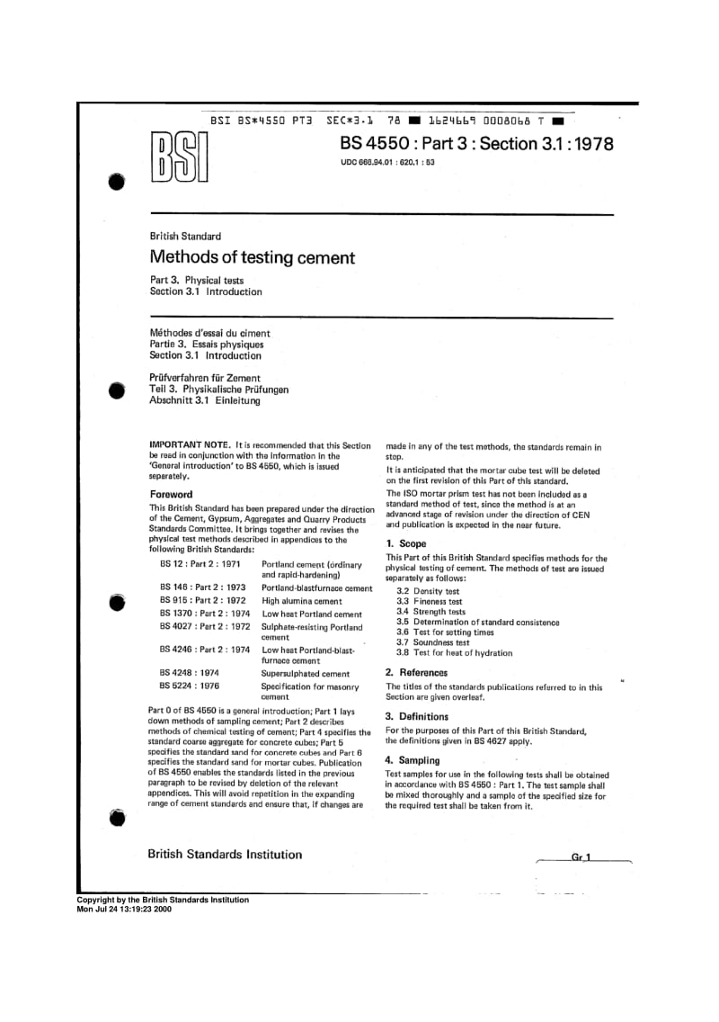 BS 4550-3-3.1-1978 Methods of texting cement part 3 Physical Tests Section 3.1 Introdution.pdf_第1页