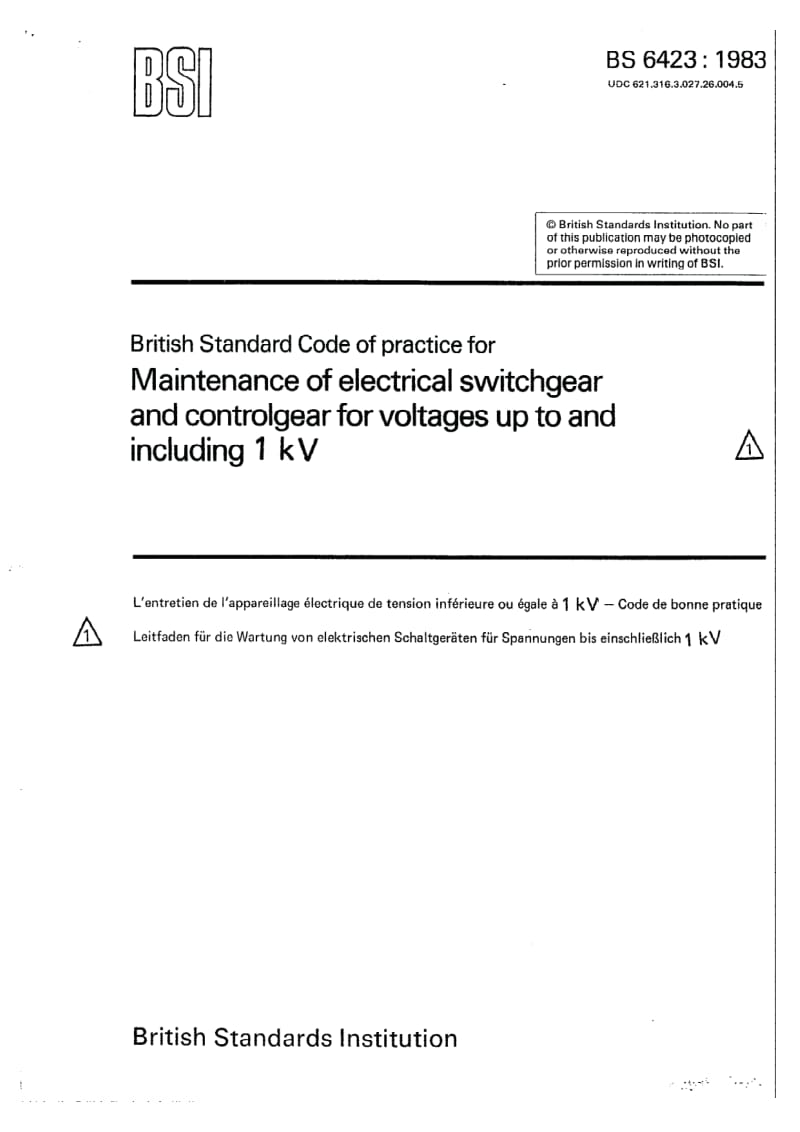 BS 6423-1983 电压达到和等于650V的电气开关设备和控制装置维修实用规程1.pdf_第1页