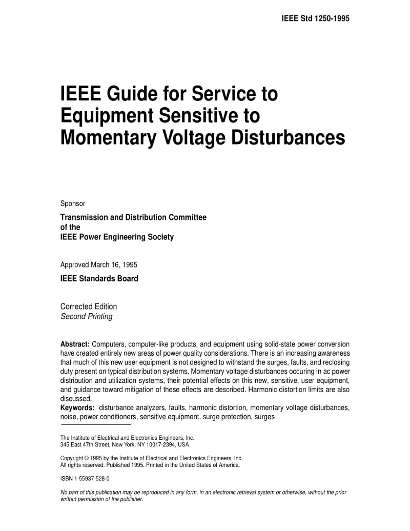 IEEE Std 1250-1995 IEEE Guide for Service to Equipment Sensitive to Momentary Voltage Disturbances.pdf_第1页