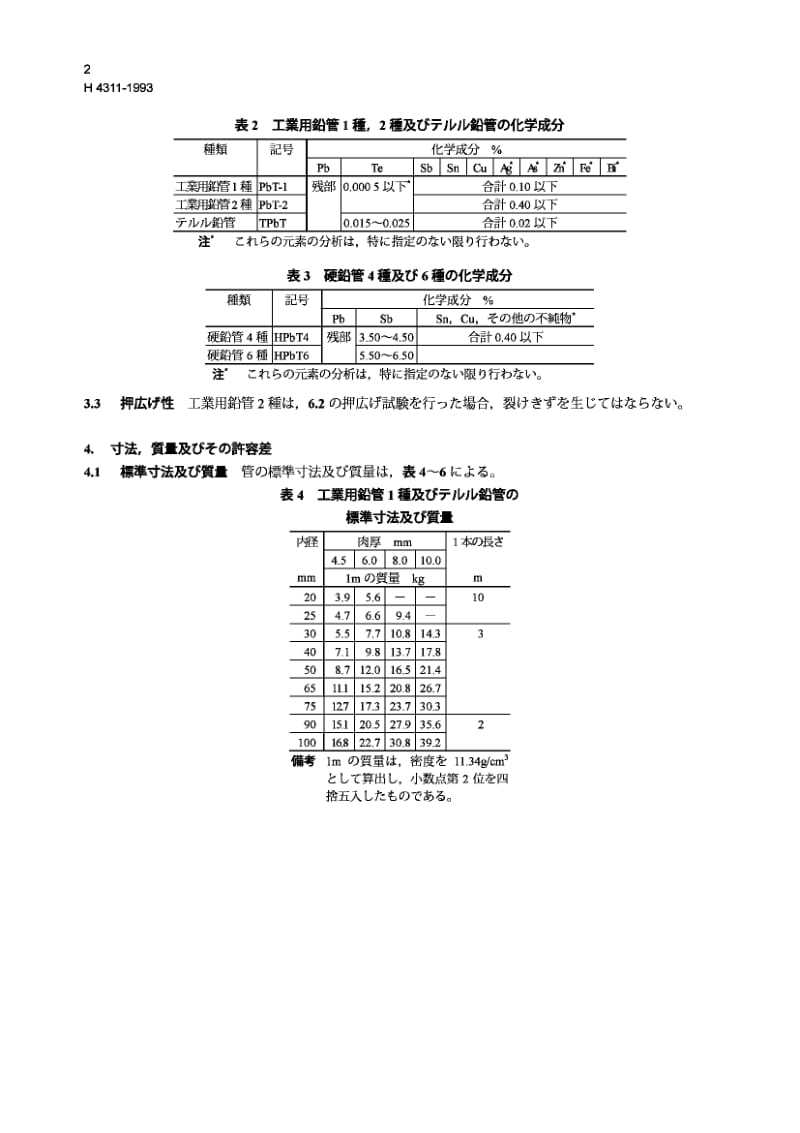 JIS H4311-1993 工业通用铅和铅合金管.pdf_第2页