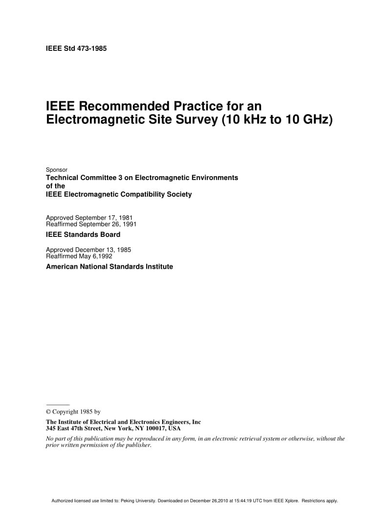 IEEE Std 473-1985 IEEE Recommended Practice for an Electromagnetic Site Survey (10 kHz to 10 GHz).pdf_第1页