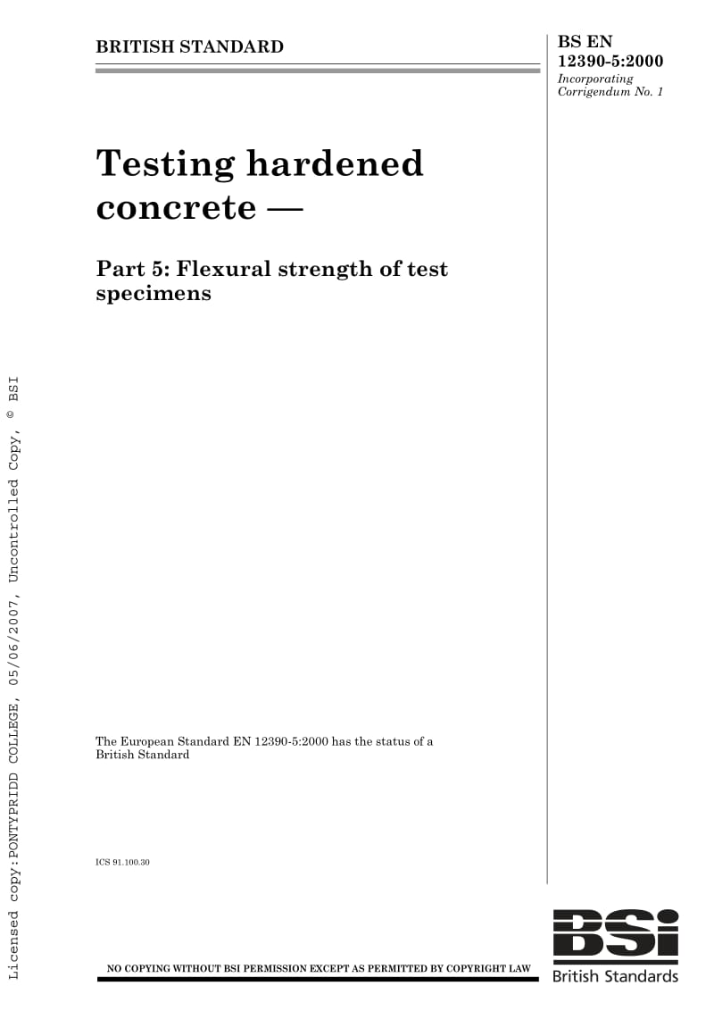 BS EN 12390-5-2000 Testing hardened concrete. Flexural strength of test specimens.pdf_第1页