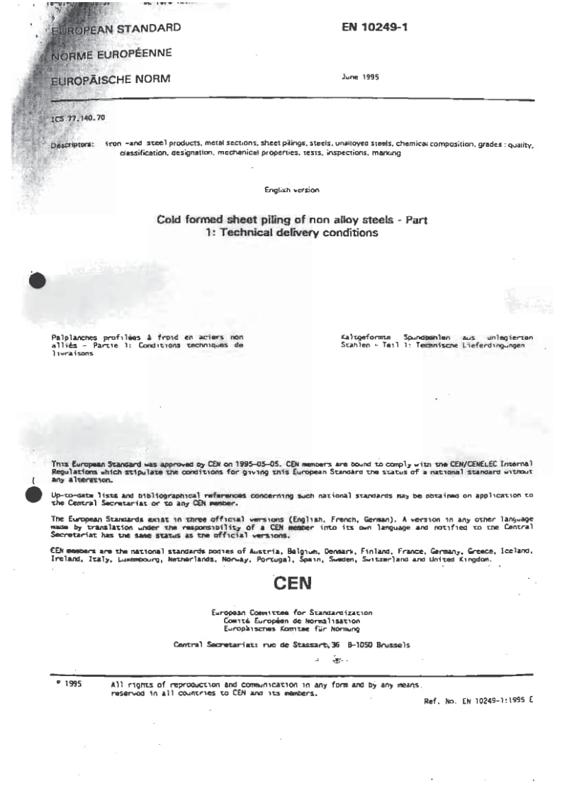 EN 10249-1-1995 Cold formed sheet piling of non-alloy steels. Technical delivery conditions.pdf_第1页