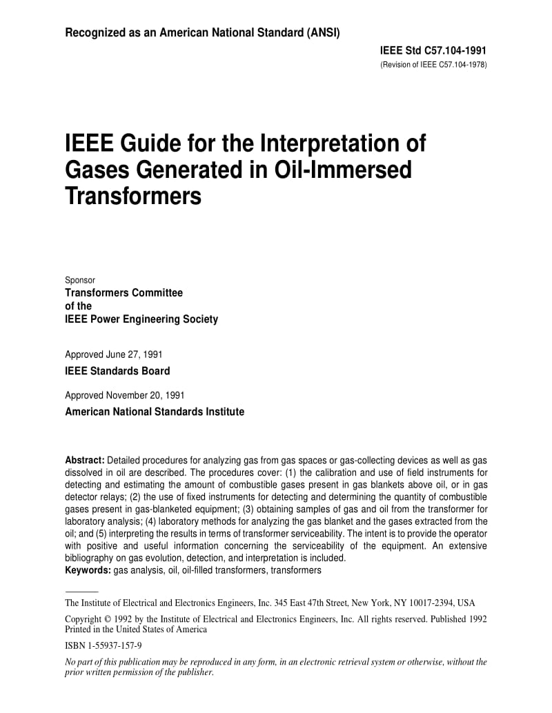 IEEE Std C57.104-1991 IEEE Guide for the Interpretation of Gases Generated in Oil-Immersed Transformers.pdf_第1页