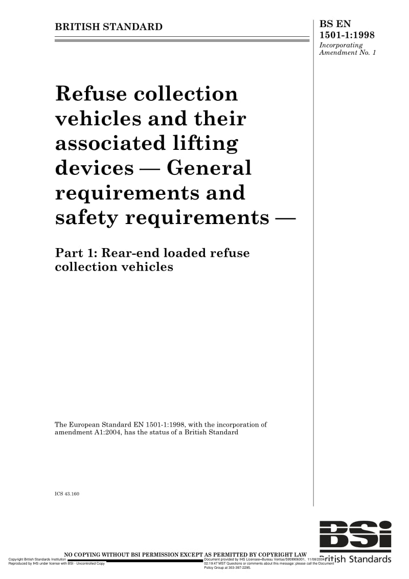 BS EN 1501-1-1998 Refuse collection vehicles and their associated lifting devices — General requirements and safety requirements — Part 1.pdf_第1页