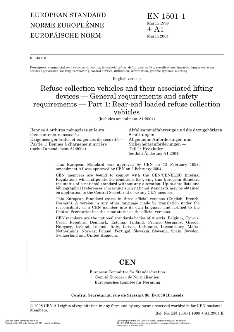BS EN 1501-1-1998 Refuse collection vehicles and their associated lifting devices — General requirements and safety requirements — Part 1.pdf_第3页