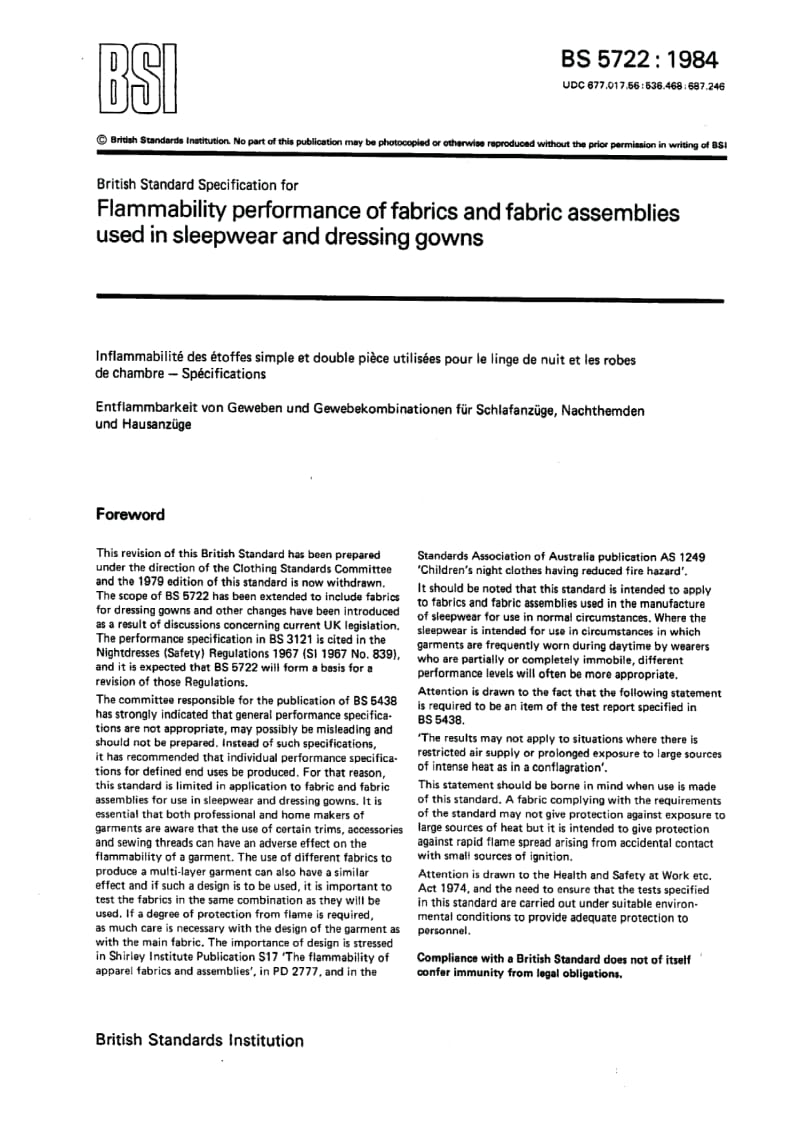 BS 5722-1984 睡衣与晨衣用织物与织物制品的可燃性规范.pdf_第1页