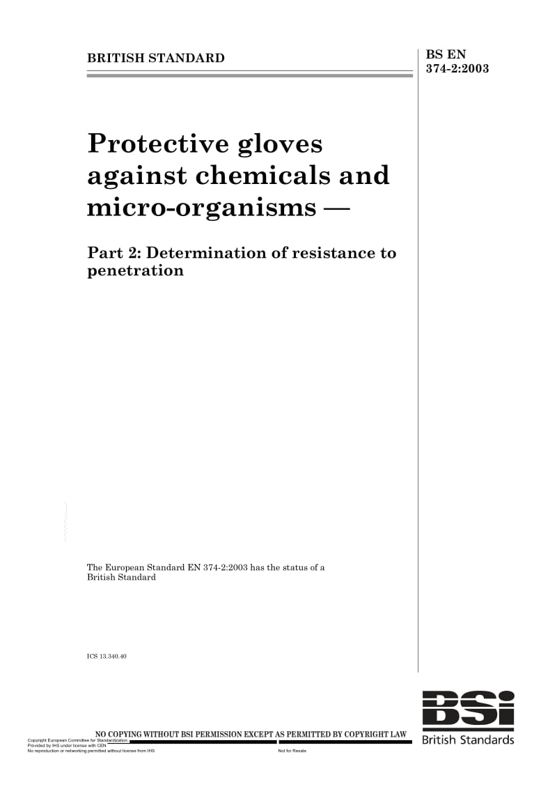 BS EN 374-2-2003 Protective gloves aganist chemicals and micro-organisms - Part 2 Determination of resistance to penetration.pdf_第1页