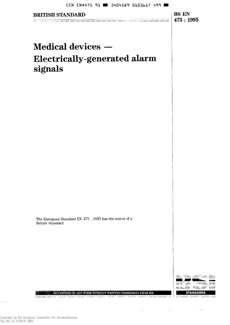 BS EN 475-1995 Medical devices - Electrically-gEN erated alarm signals.pdf_第1页