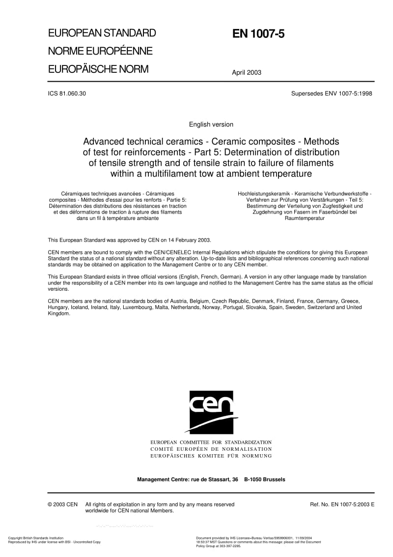 BS EN 1007-5-2003 Advanced technical ceramics — Ceramic composites — Methods of test for reinforcements — Part 5 Determination of.pdf_第3页