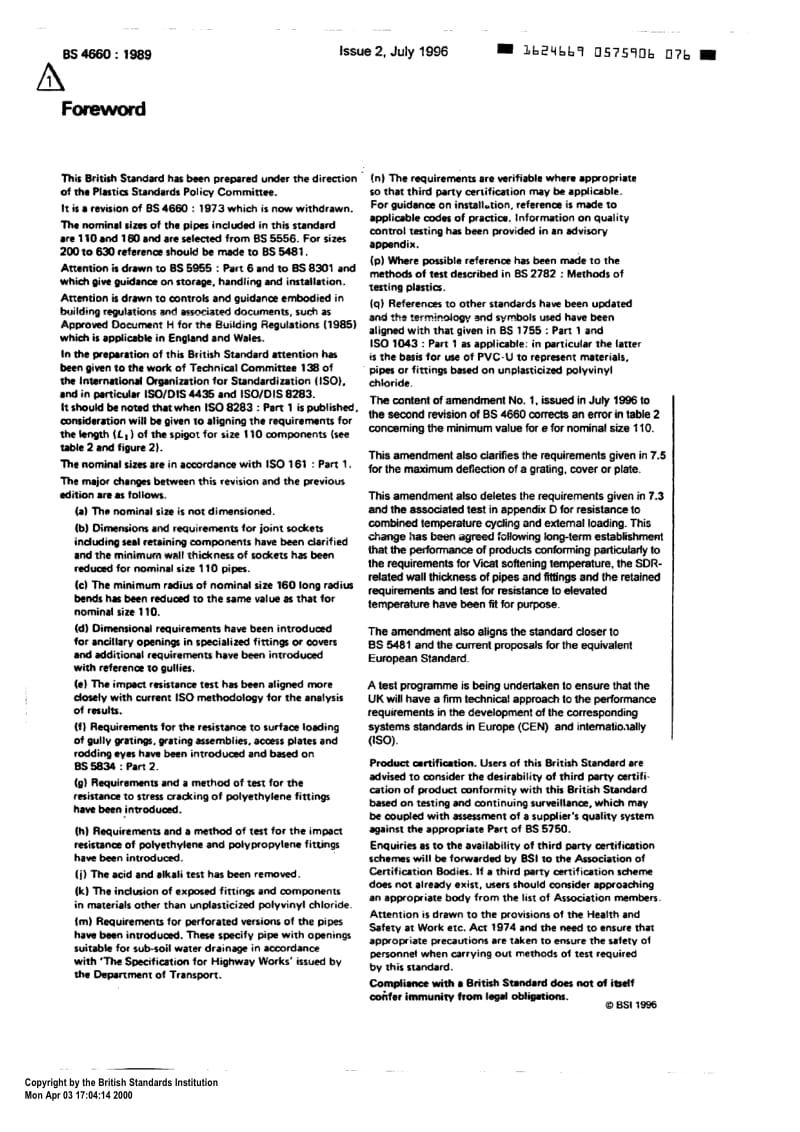 BS 4660-1989 Specification for Unplasticized polyvinyl chloride (PVC-U) pipes and plastics fittings of nominal sizes 110 and 160 for below ground gravity drainage and sewerage.pdf_第2页