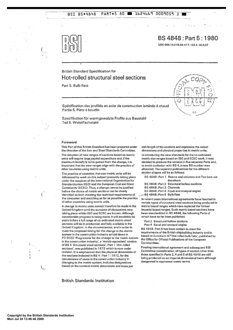 BS 4848-5-1980 Hot-rolled structural steel sections. Bulb flats.pdf_第1页