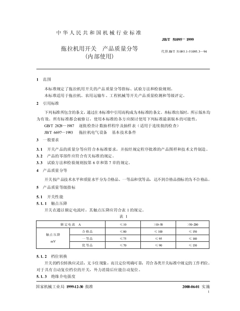 62719拖拉机用开关 产品质量分等(内部使用) 标准 JB T 51095-1999.pdf_第3页