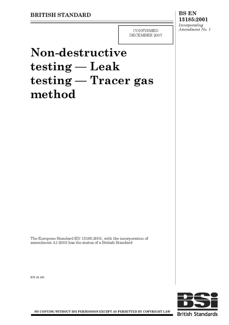 BS EN 13185-2001 Non-destructive testing. Leak testing. Tracer gas method.pdf_第1页