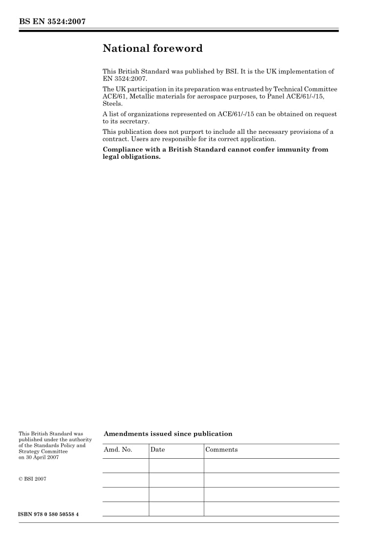 BS EN 3524-2007 Aerospace series. Steel FE-PL1505 (15CrMoV6). Air melted. Hardened and tempered. Sheet and strip. 2 mm $3L a $3L 6 mm..pdf_第2页