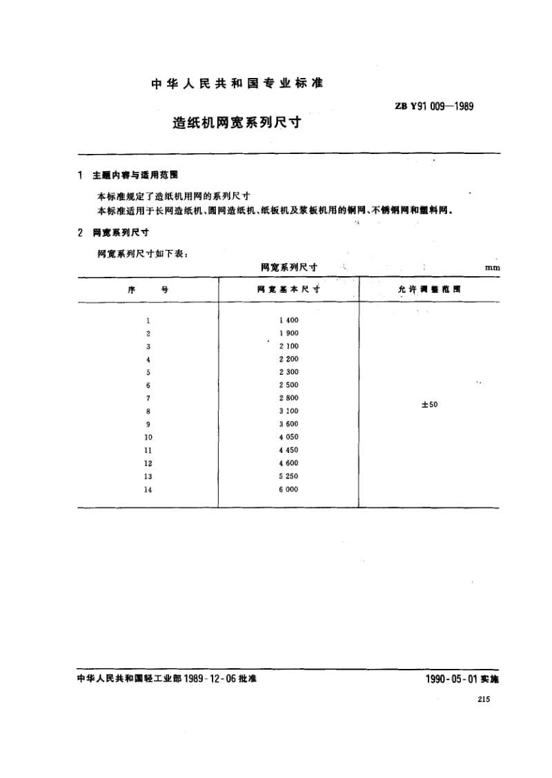 74565 造纸机网宽系列尺寸 标准 ZB Y91009-1989.pdf_第1页