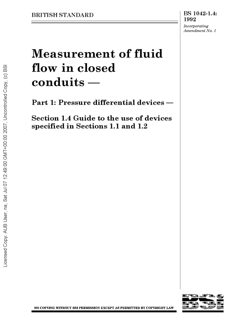 BS 1042-1.4-1992 封闭管道内液体流量的测量.第1部分压差器件.第4节第1和2节所述器件的使用指南.pdf_第1页