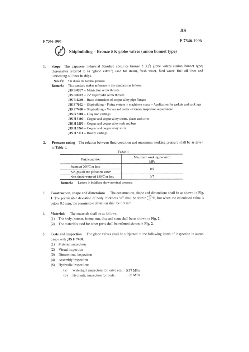 JIS F7346-1996 英文版 造船.青铜5K球阀(活接头帽阀门型).pdf_第1页