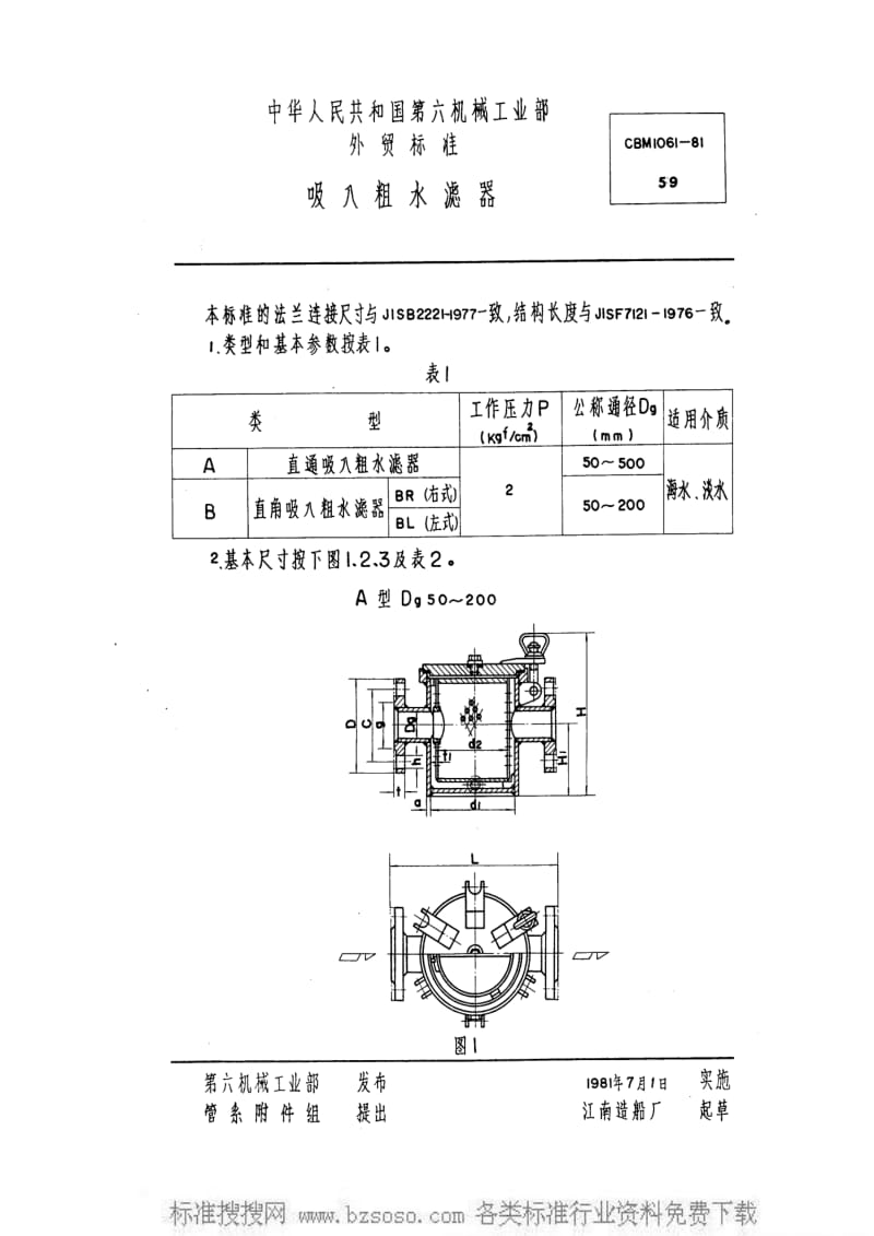 CB船舶标准-CBM 1061-1981 吸入粗水滤器.pdf_第1页