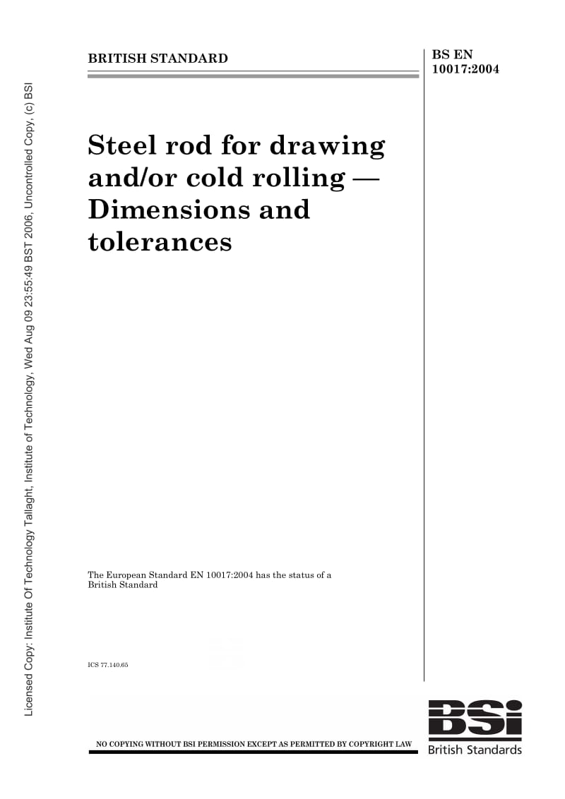 EN 10017-2004 拉制和或冷轧用非合金钢棒材　尺寸和公差.pdf_第1页