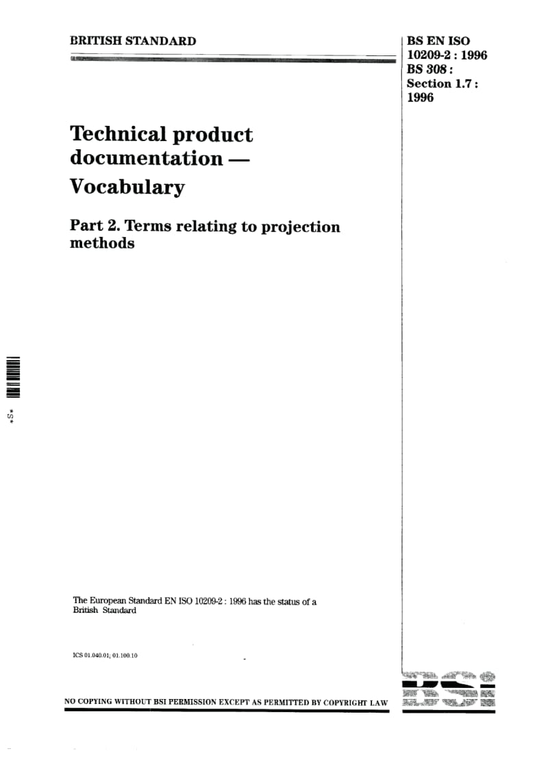 BS 308-1.7-1996 Technical product documentation. Vocabulary. Terms relating to projection methods.pdf_第1页