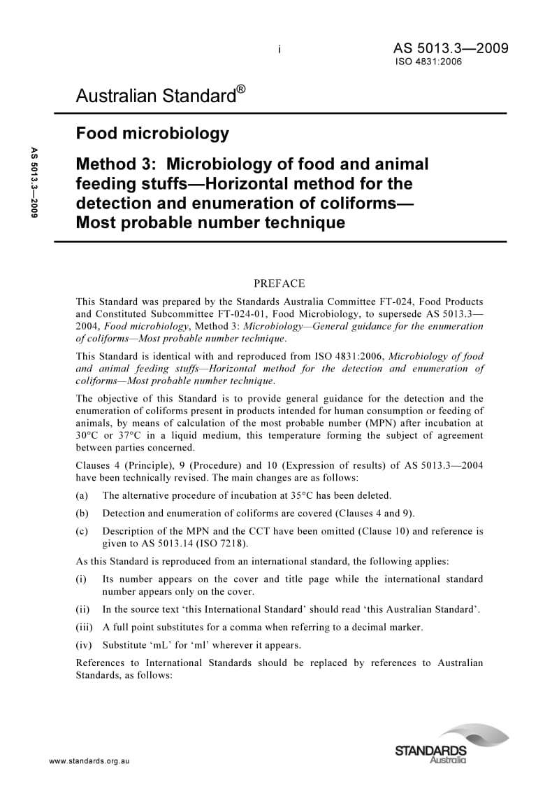 AS 5013-3-2009 Food microbiology Method 3 Microbiology of food and animal feeding stuffs—Horizontal method for the detection and enumeration of coliforms— Most probable number technique.pdf_第1页