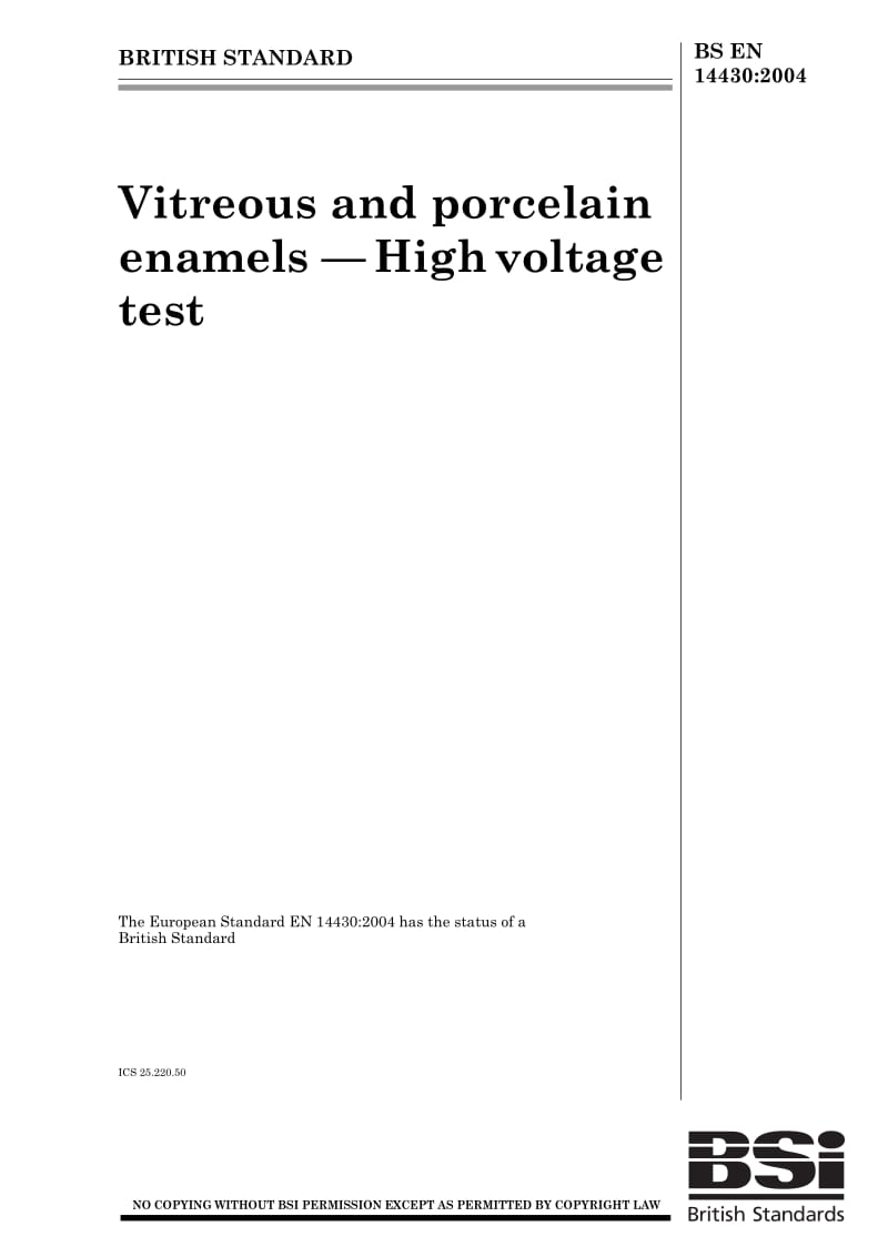 BS EN 14430-2004 Vitreous and porcelain enamels-High voltage test.pdf_第1页