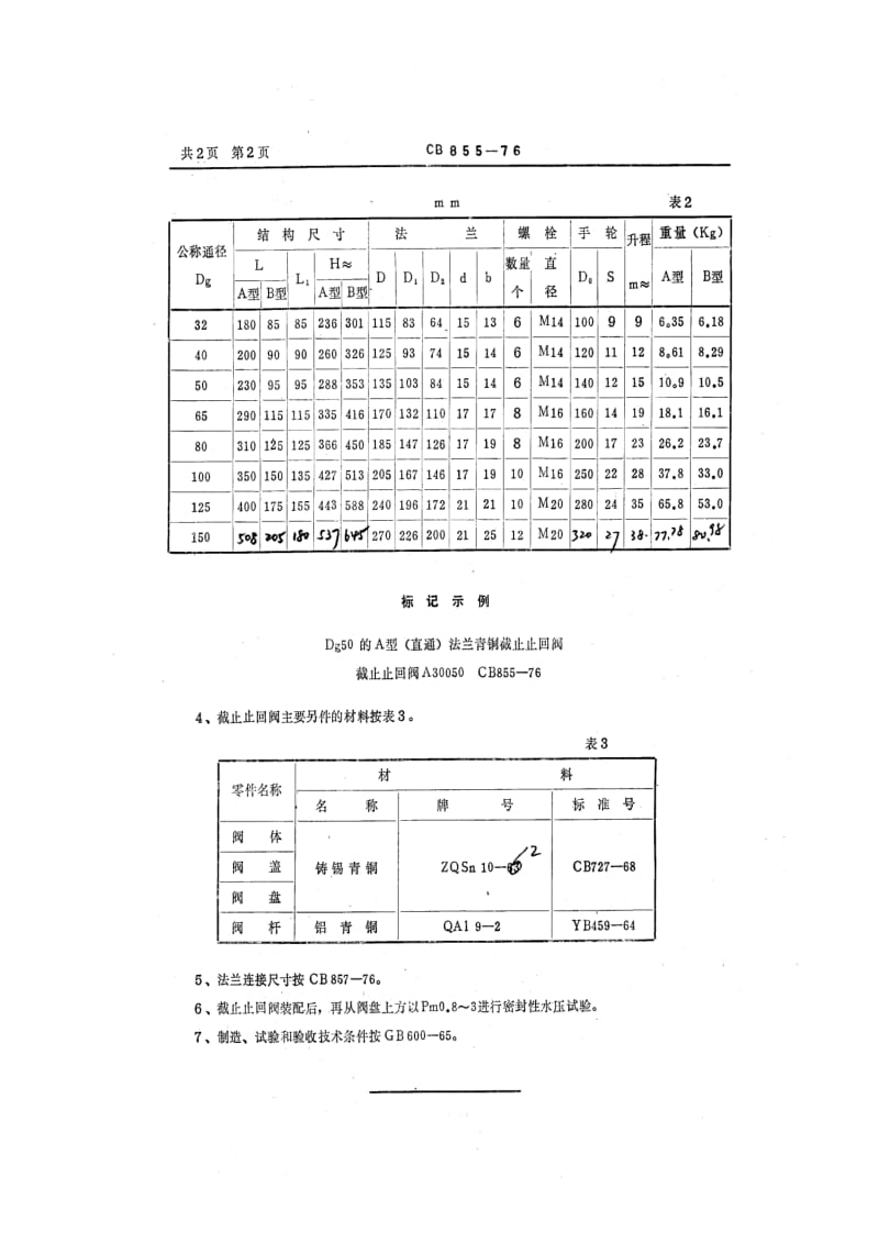 CB船舶标准-CB 855-76 P30法兰青铜截止止回阀.pdf_第2页