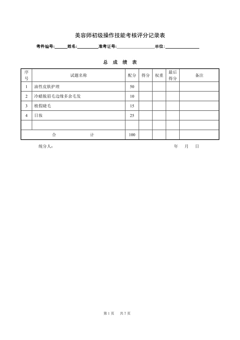 美容师初级操作技能考核评分记录表.doc_第1页