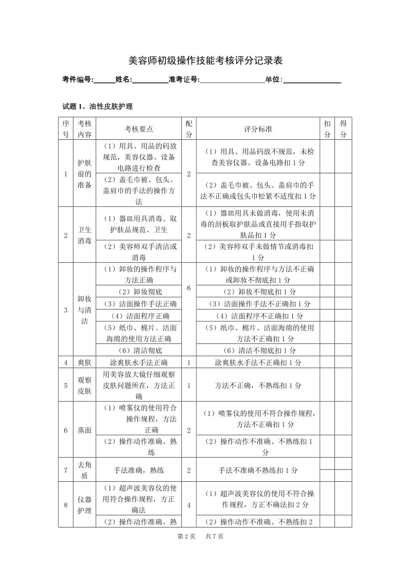 美容师初级操作技能考核评分记录表.doc_第2页