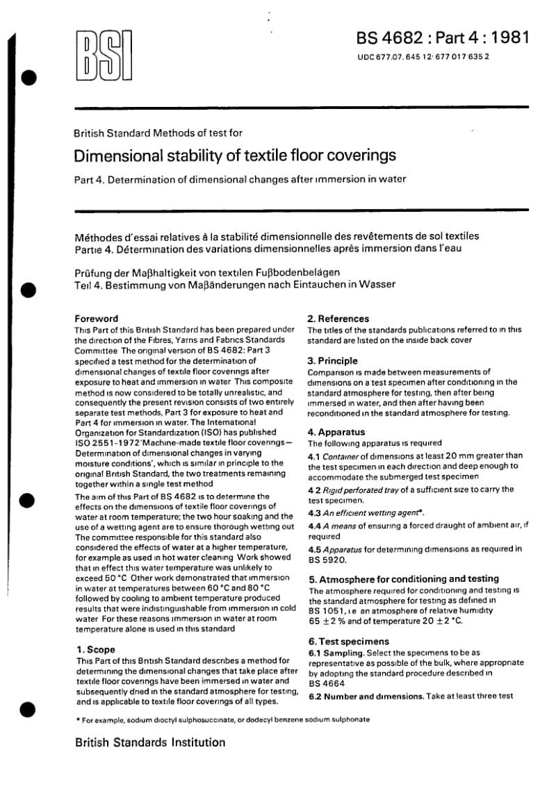 BS 4682-4-1981 Dimensional stability of texitile floor coverings Part4.Determination of dimensional changes after immersion in water.pdf_第1页