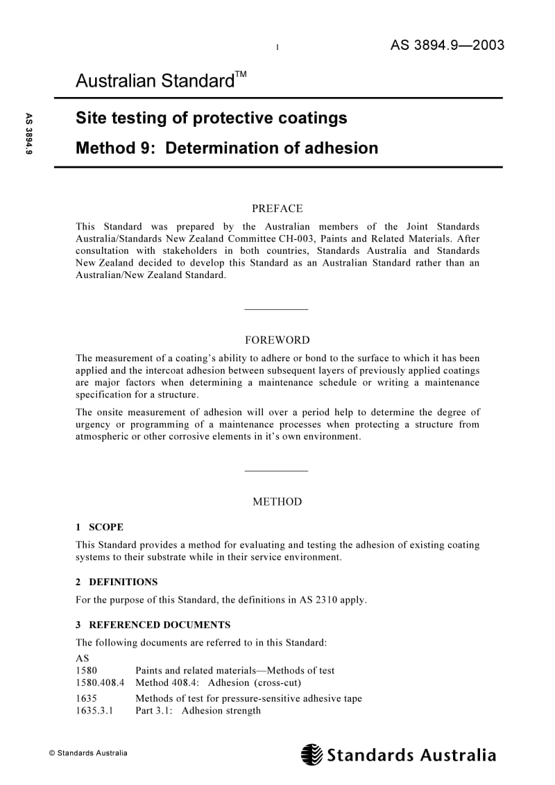 AS 3894.9-2003 Site testing of protective coatings - Determination of adhesion.pdf_第1页
