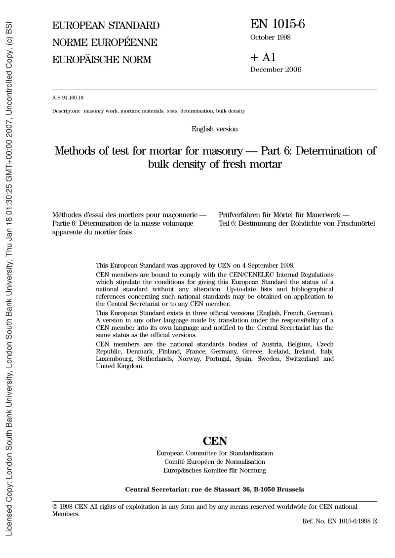 BS EN 1015-6-1999 Methods of test for mortar for masonry. Determination of bulk density of fresh mortar.pdf_第3页