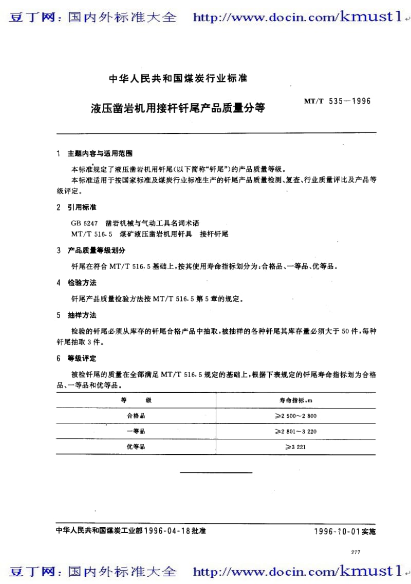 【MT煤炭标准大全】mtt 535-1996 液压凿岩机用接杆钎尾产品质量分等.pdf_第1页