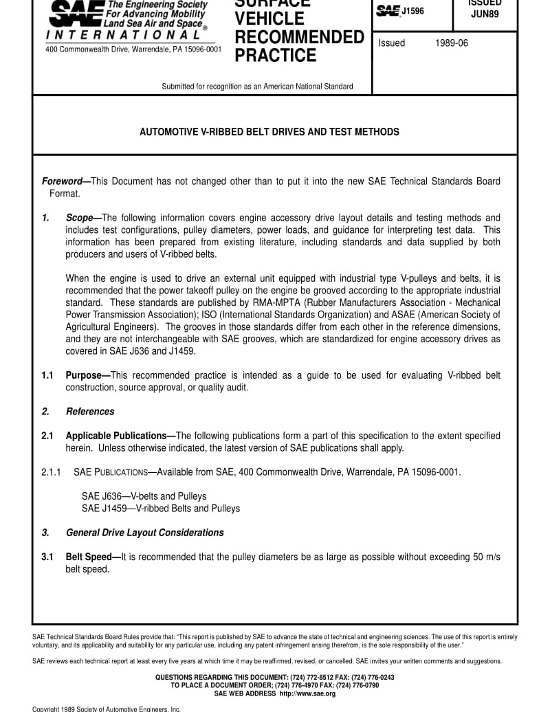 SAE J1596-1989 AUTOMOTIVE V-RIBBED BELT DRIVES AND TEST METHODS.pdf_第1页