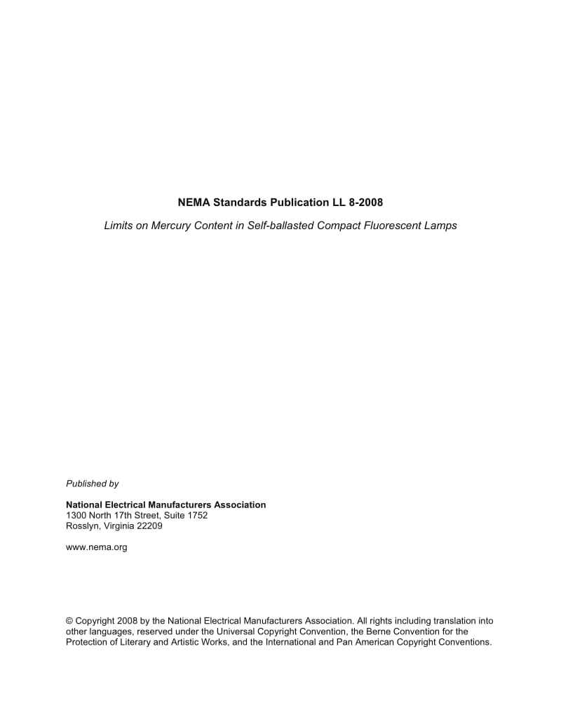 NEMA LL 8-2008 Limits on Mercury Content in Self-ballasted Compact Fluorescent Lamps1.pdf_第1页