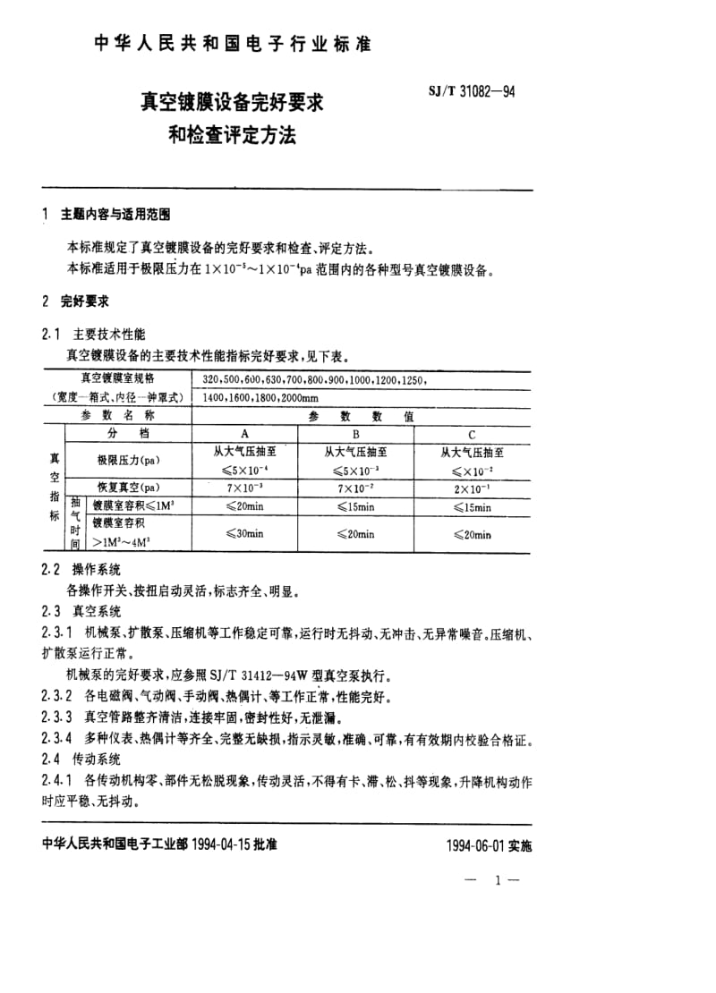 [电子标准]-SJT 31082-1994 真空镀膜设备完好要求和检查评定方法.pdf_第1页