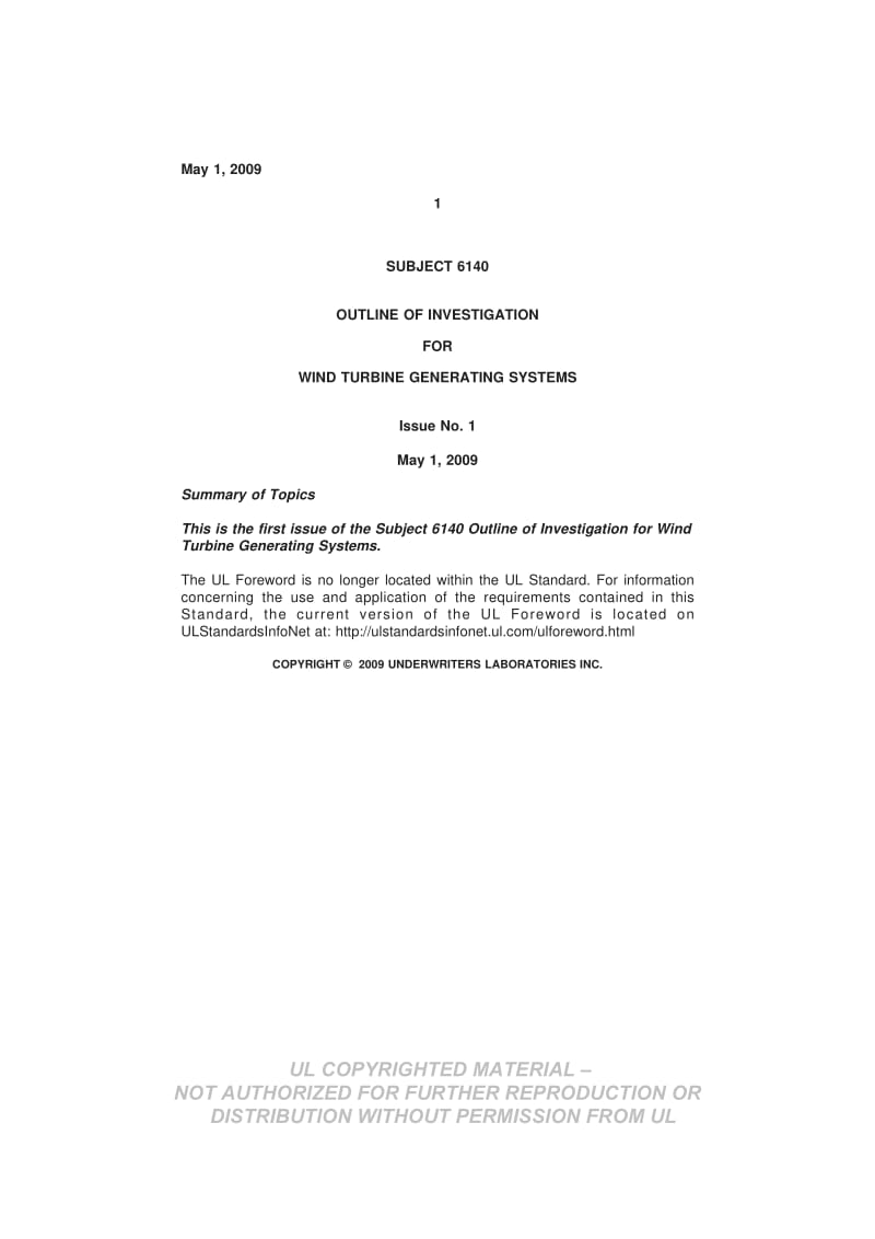 UL 6140-2009 Outline of Investigation for Wind Turbine Generating Systems.pdf_第1页